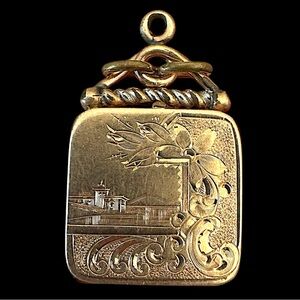 Antique Victorian Etched Reversible Double Sided Castle Flower Locket Pendant